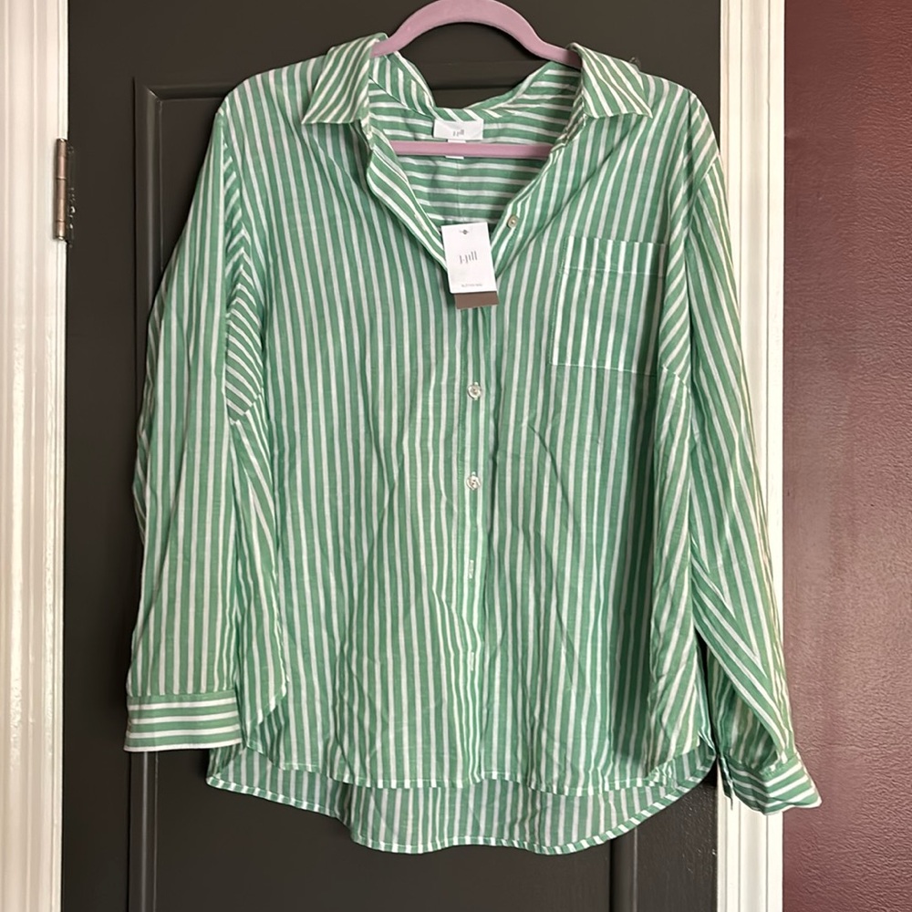 💚🤍NWT J.JILL Green & White Striped Cotton Blouse